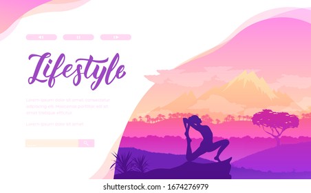 Yoga classes on the background of magnificent natural landscapes. A person meditates in the open air. Vector illustration design concept. 