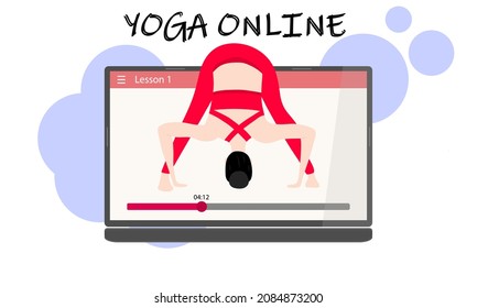 Yoga classes online by video. A pretty Asian girl on a laptop screen shows an asana. Yoga training via the Internet. Vector illustration.