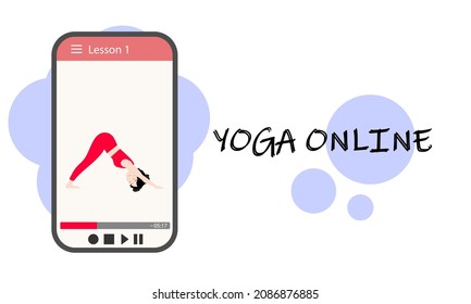 Yoga-Kurse online, zu Hause. Ein hübsches asiatisches Mädchen zeigt auf dem Smartphone eine Asana. Yoga-Training über das Internet. Vektorgrafik.