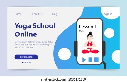 Yoga classes online. Landing page. Web site yoga school. A pretty Asian girl shows an asana. Yoga training via the Internet. Vector illustration.