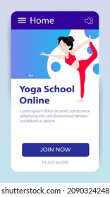 Yoga classes online. Landing page. Web site yoga school. A pretty Asian girl shows an asana. Yoga training via the Internet. Vector illustration.