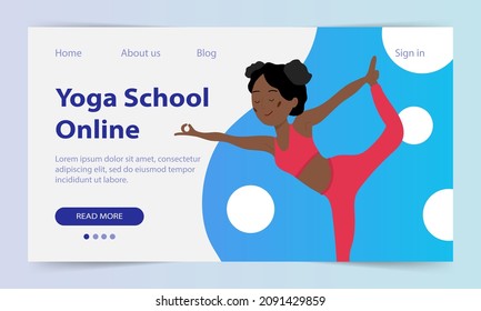 Yoga classes online. Landing page. Web site yoga school. A pretty African girl shows an asana. Yoga training via the Internet. Vector illustration.