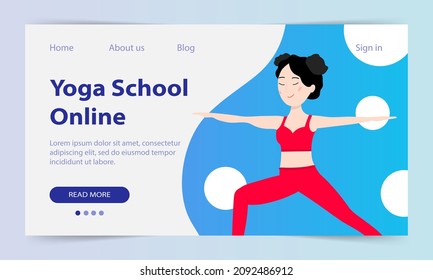 Yoga classes online. Landing page. Web site yoga school. A pretty Asian girl shows an asana. Yoga training via the Internet. Vector illustration.