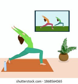 clases de yoga en línea, transmisión en vivo, educación en línea. Manténgase en casa. Caricatura femenina practicando yoga mientras ve clases en televisión