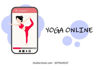 Yoga classes online. A pretty Asian girl shows an asana on the smartphone screen. Yoga training via the Internet. Vector illustration.