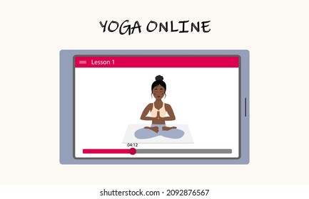 Yoga-Kurse online, ohne das Haus zu verlassen. Ein hübsches afrikanisches Mädchen zeigt eine Asana auf dem Tablettenbildschirm. Yoga-Training über das Internet. Vektorgrafik.