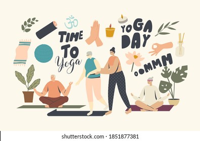 Yoga Classes for Senior Characters Concept. Female Trainer Help to Elderly Woman to Start Yoga Lesson. Wellness in Old Ages, Health and Body Care. Fitness Activity. Linear People Vector Illustration
