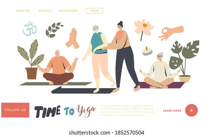 Yoga Classes for Senior Characters Landing Page Template. Female Trainer Help to Elderly Woman. Wellness in Old Ages, Health and Body Care. Fitness Activity. Linear People Vector Illustration