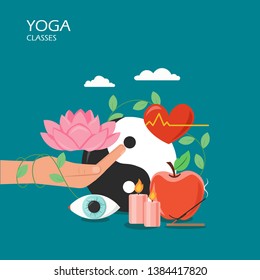 Yoga classes vector flat style design illustration. Lotus flower on hand palm, eye, candles, human heart, yin and yang symbol. Yoga symbols and accessories for web banner, website page etc.