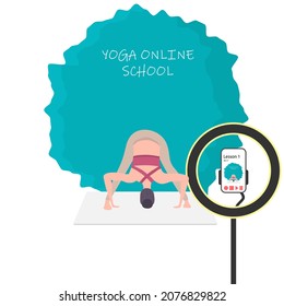 Yoga classes without leaving home. A cute girl leads a live broadcast of yoga lessons in an online yoga studio school. Yoga training via the Internet. Vector illustration.