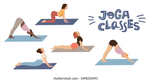 Yoga classes. Women practicing yoga in yoga studio. Yoga studio desighn element, card, banner