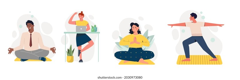 Yoga classes at work concept. Employees of company perform useful exercises for body during break. Emotional health and energy filling. Cartoon flat vector collection isolated on white background