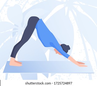 Yoga classes. Young woman practicing yoga in nature. Exercise and relaxation. Healthy lifestyle concept. Vector illustration