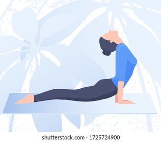 Yoga classes. Young woman practicing yoga in nature. Exercise and relaxation. Healthy lifestyle concept. Vector illustration.
