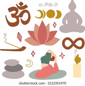 Yoga clipart vector line art with lotos, buddha, om, candle, moon