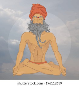 yoga in clouds. old Hindu man