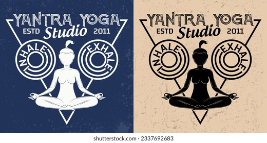 Yoga club logo abstract design, vintage emblem, Health Spa Meditation Harmony Logotype concept, woman in lotus pose icon, with grunge, vector