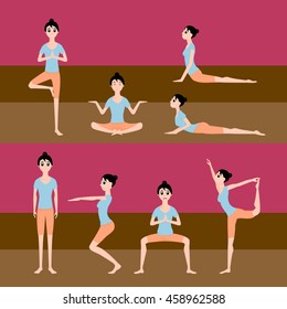 Yoga coach vector set illustration, in cartoon style, girl young woman in different yoga poses