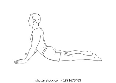 Yoga cobra pose or bhujangasana. Man practicing strengthing yoga pose. Engraved vector illustration isolated on white background