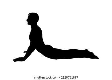 Yoga cobra pose or bhujangasana. Man silhouette practicing strengthing yoga pose. Vector illustration isolated on white background