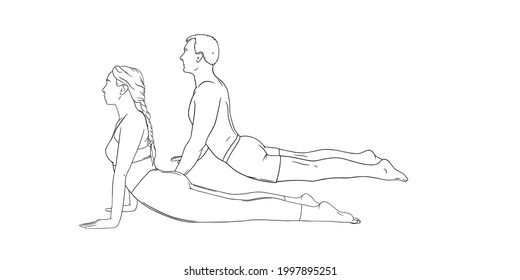 Yoga cobra pose or bhujangasana. Woman and man practicing strengthing yoga pose. Hand drawn vector illustration isolated on white background