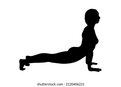 Yoga cobra pose or bhujangasana. Woman silhouette practicing strengthing yoga pose. Vector illustration isolated on white background