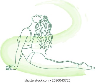 Yoga Cobra Pose Line Art with Green Watercolor Accent