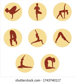 Yoga. Collection of logos with yoga poses. Silhouettes of yoga poses. Icons for Stories Highlights. Set of round yoga icons