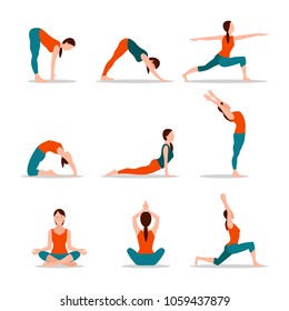 Colección de poses de yoga, juegos de poses yoga, loto y actividades femeninas, pulmones y ejercicios de entrenamiento ilustración vectorial aislada en fondo blanco