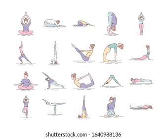 Yoga color line icons set. Different yoga poses and asanas. Pictogram for web page, mobile app, promo. UI UX GUI design element. Editable stroke.