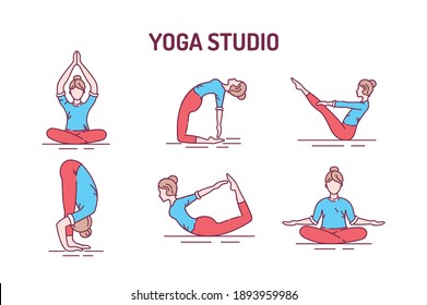 Yoga color line icons set. Different yoga poses and asanas. Pictogram for web page, mobile app, promo. UI UX GUI design element. Editable stroke
