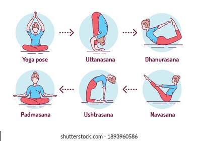 Yoga color line icons set. Different yoga poses and asanas. Pictogram for web page, mobile app, promo. UI UX GUI design element. Editable stroke