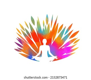 Yoga colorful logo. Lotus position. Vector illustration. Human silhouette with lotus flower