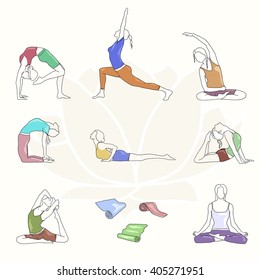 Yoga colorful poses set. Line illustration. Woman postures