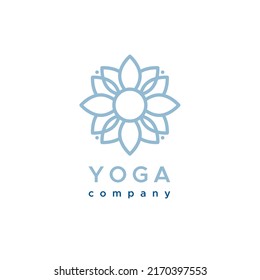 Logo de la empresa de yoga. Símbolo floral de contorno. Concepto de meditación, salud física y mental. Ilustración vectorial, diseño plano