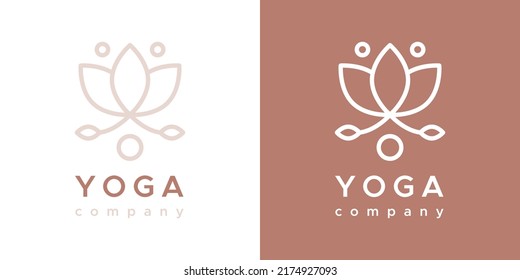 Yoga company logo. Outline floral symbol. For company brand, packaging, product. Logotype in two versions: color and white. Vector illustration, flat design