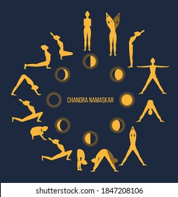 Yoga Complex Salutation To The Moon. Vector Illustration Of Woman Silhouette Practicing Chandra Namaskar. Moon Phases. Yoga Poses Set Icons. EPS 10