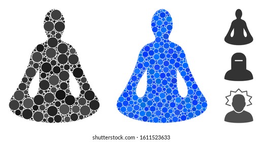 Yoga composition of small circles in different sizes and color hues, based on yoga icon. Vector small circles are composed into blue composition. Dotted yoga icon in usual and blue versions.