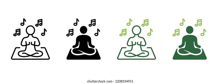 Yoga Concentration with Listen Music Silhouette and Line Icon. Harmony Man Relax in Lotus Pose Meditate Pictogram. Meditation and Listening to Music Icon. Editable Stroke. Vector Illustration.