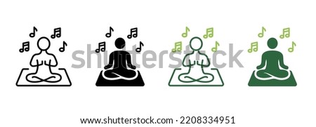 Yoga Concentration with Listen Music Silhouette and Line Icon. Harmony Man Relax in Lotus Pose Meditate Pictogram. Meditation and Listening to Music Icon. Editable Stroke. Vector Illustration.