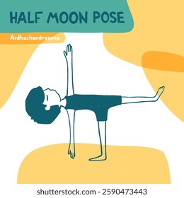 Yoga Concept. Half moon Pose. Ardhachandrasana. Cartoon character practicing Hatha yoga. Vector flat hand drawn illustration