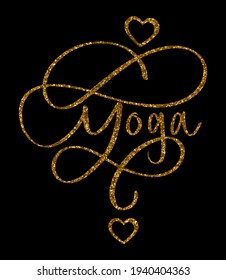 Yoga. Concept inscription typography design logo is written in gold glitter on a black background