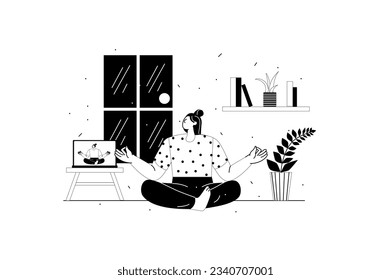 Yoga concept with people scene in the flat line cartoon style. The girl does yoga to relax at home. Vector illustration.