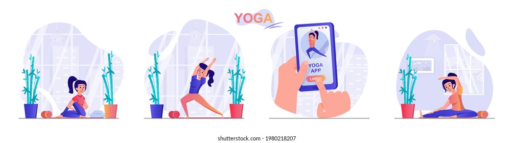 Yoga concept scenes set. Woman doing asanas, using mobile app for training, exercising at home or in gym, wellness. Collection of people activities. Vector illustration of characters in flat design