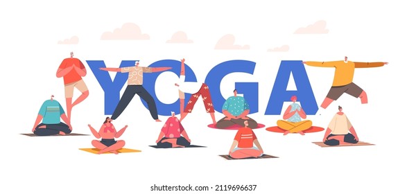 Yoga Concept. Senior and Young Male Female Characters Practicing Meditation in Park. People Active Healthy Lifestyle, Sports Activities Poster, Banner or Flyer. Cartoon Vector Illustration