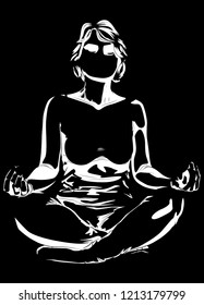 Yoga concept. Vector illustration of a woman doing yoga, meditating. Only shadows illustrated with white on black background.