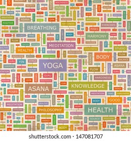 YOGA. Concept vector illustration. Word cloud with related tags and terms. Graphic tag collection. Wordcloud collage. 