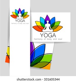 Concepto de yoga. Logo de la plantilla de vectores e identidad corporativa. Spa, relajación, meditación, estudio, masaje y otros.