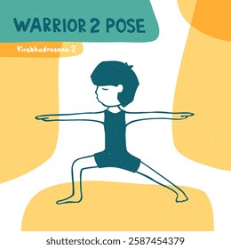 Yoga Concept. Warrior II Pose. Virabhadrasana I. Cartoon character practicing Hatha yoga. Vector flat hand drawn illustration