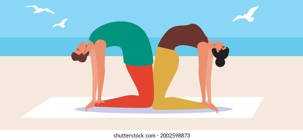 Pareja de yoga, asanas de yoga. Ilustración de material vectorial plano. Una pareja joven en el exterior. Ejercicios en la playa Yoga en el mar o en el océano. Hombre y mujer juntos. Gráficos vectoriales